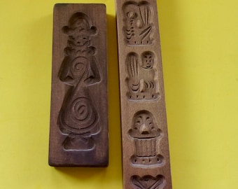 SPRINGERLE COOKIE MOLDS Set of Two Vintage Antique Carved Wood Six 6 Assorted Shapes Hanger Speculaas Cookies Traditional Dutch Folk Art