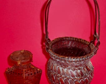 VINTAGE IKEBANA BASKETS Pair (2) Small Free Standing Larger Handle Basket Patina Hanakago Japanese