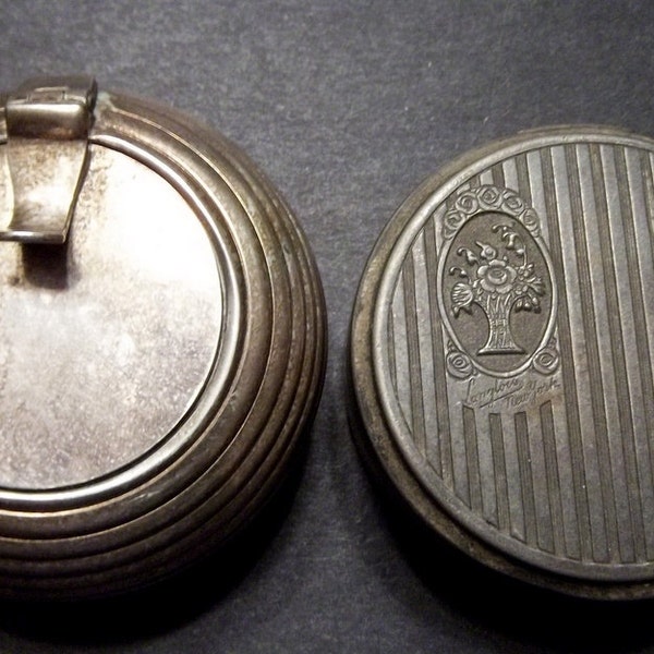 ANTIQUE POWDER COMPACT Personal Ashtray Silver or Plated Mirror Buffed Metal Glass Cara Nome Langlois New York Pair 2 Coiled Embossed Lever