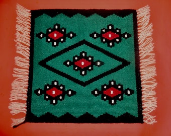 WOVEN MAT VINTAGE Rug Mexico North South America Sampler Red Green Black Fringe Diamond Geometric Shapes Wool Wall Hanging Decor Cabin