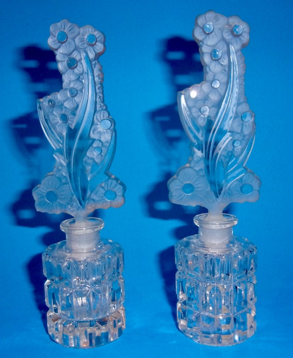 CZECHOSLOVAKIA PERFUME BOTTLES Lot Two 2 Tall Floral Motif Stoppers Clear Frosted Iris Import Dauber Stop Cut Glass Crystal Made In