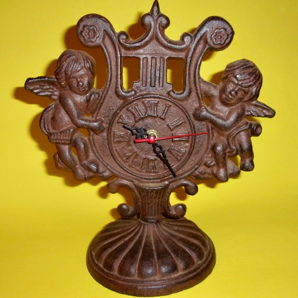IRON LYRE CLOCK Cherubs Cast Battery Clock Vintage Harp Angels Clock Face Embossed Roman Numerals Second Hand Screwed On Pedestal Vase