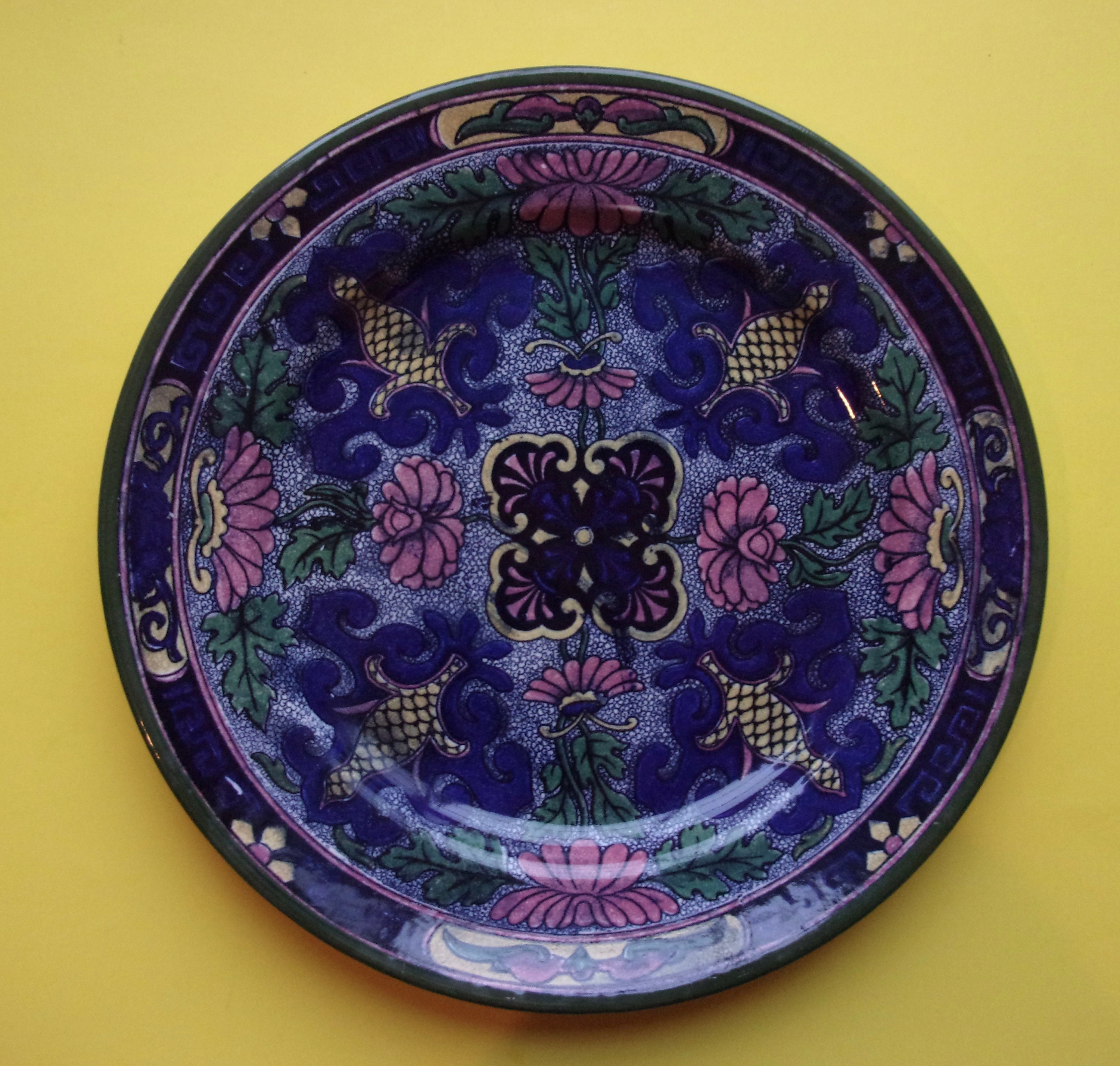 ROYAL DOULTON ISLAMIC Plate Series D3088 Ceramic England Early 1900's Antique Large Floral Leaves Scrolled Blue Pink Yellow Transferware