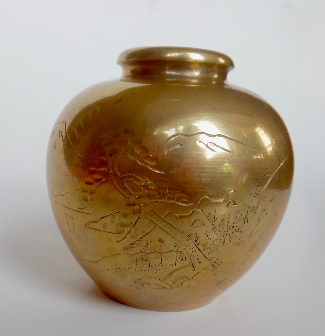 JAPANESE BRASS VASE Solid Engraved Scene Landscape Mountains Etsy