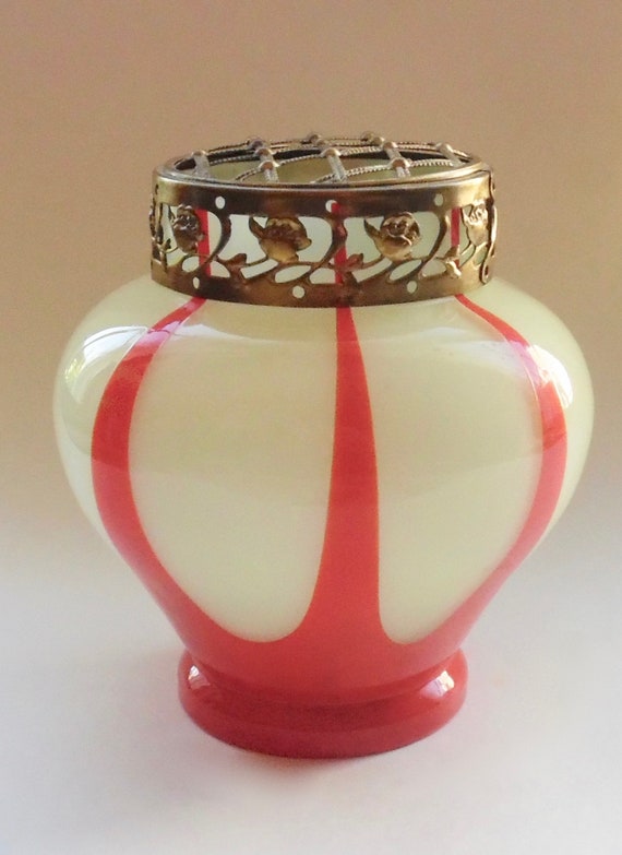 Bohemian Glass Vase Czechoslovakia Filigree Brass Metal Collar Etsy