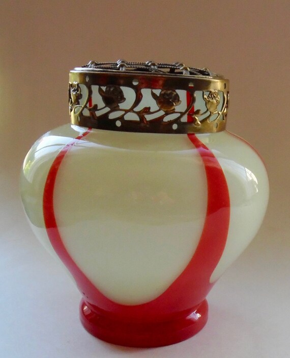 Bohemian Glass Vase Czechoslovakia Filigree Brass Metal Collar Etsy