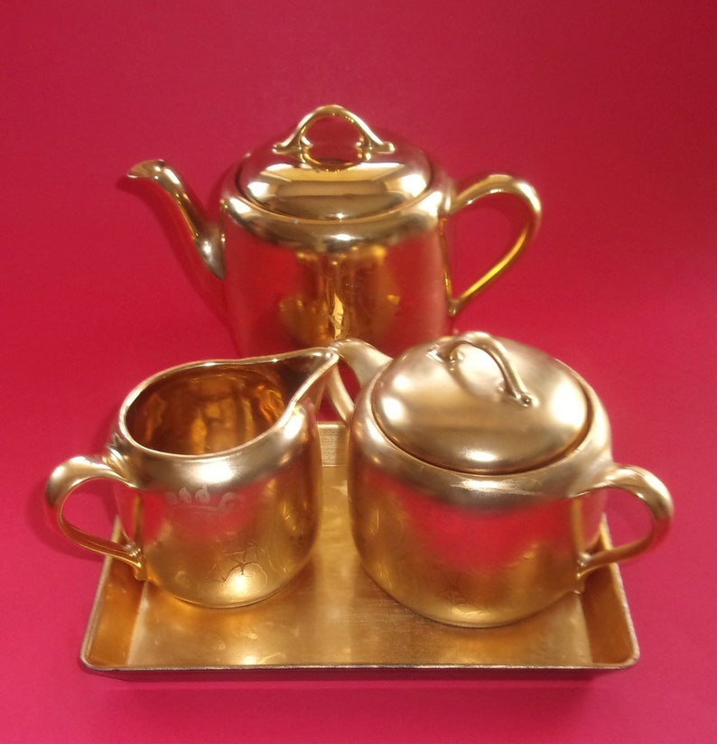 GOLD ENCRUSTED TEA Set Porcelain Teapot Sugar Creamer Interior Etsy