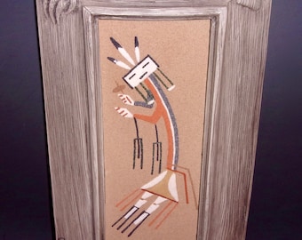 YEI SAND PAINTING Framed Vintage Faux Wood Frame Bear Claw Corners Motif Turquoise Navajo Symbol Spirit Diety Art Female Square Head Holy