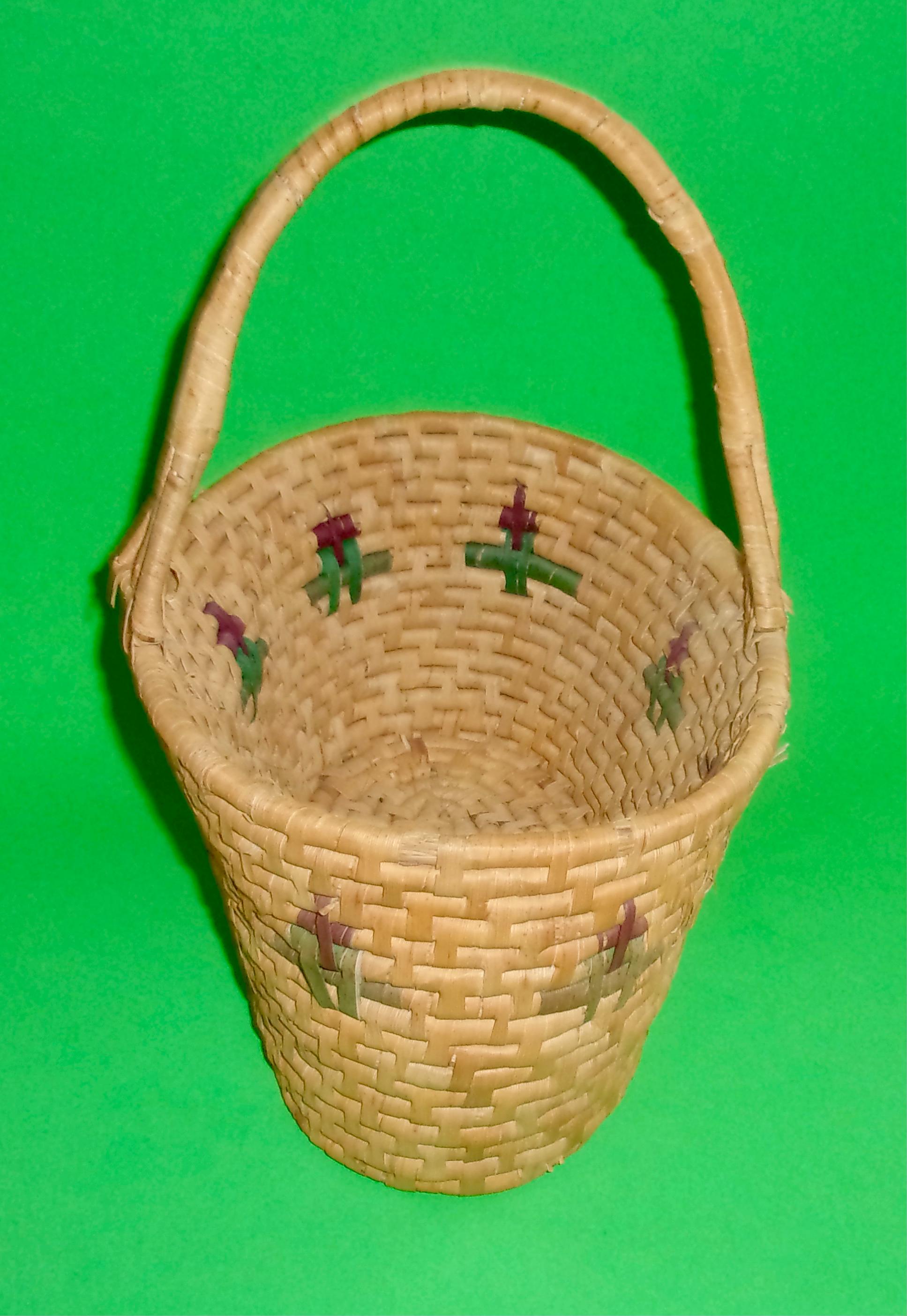 MEXICAN PALM BASKET Vintage Hand Woven Coiled Handle Rustic Farmhouse ...