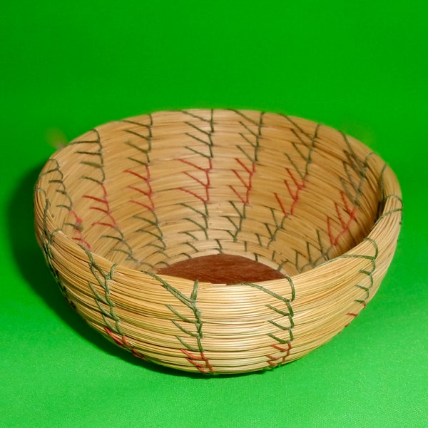 PINE NEEDLE BASKET Small Bowl Coiled Horsehair, Cowhide or Other Fiber Center Bottom Vintage Red Green Thread Stitching Weaving Basketry