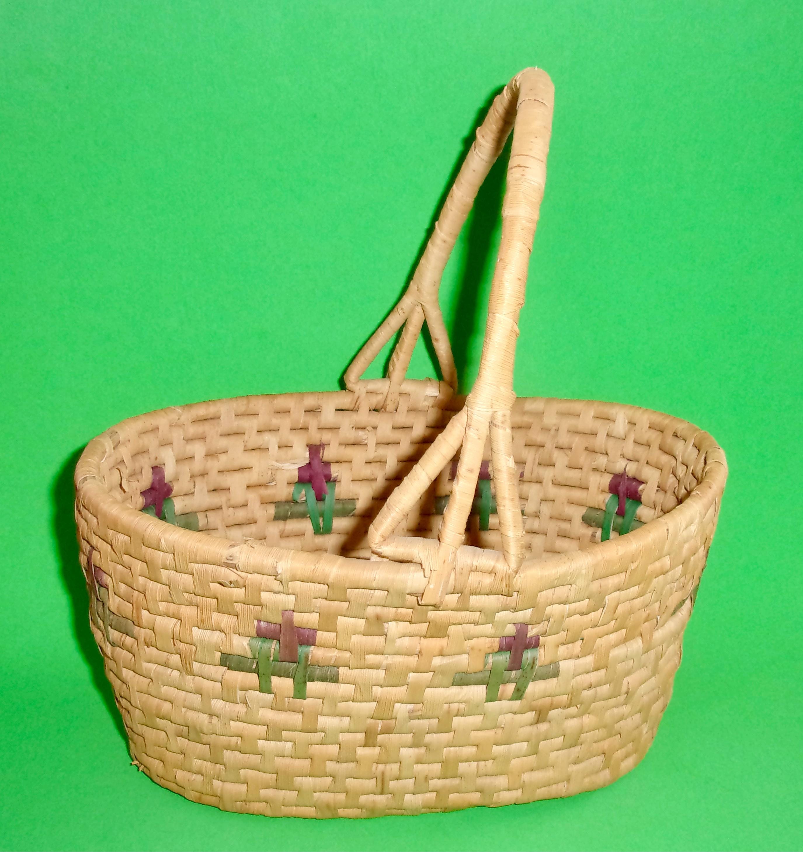 MEXICAN PALM BASKET Vintage Hand Woven Coiled Handle Rustic Farmhouse ...