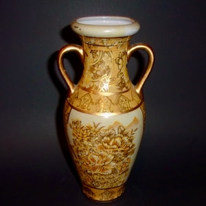 VINTAGE AMPHORA VASE Porcelain Ceramic White Gilt Peonies Design Chinese Japanese Thai Two Handled Unmarked Glazed Transferware Antique