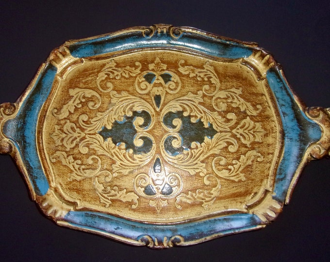 FLORENTINE TRAY VINTAGE Blue Gold Gilt Hand Painted Carved Wood Italy ...