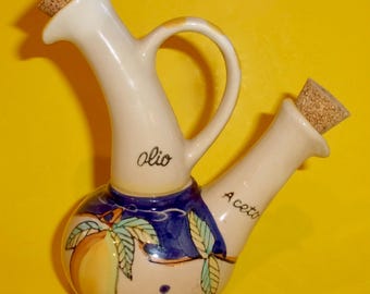 ITALIAN POTTERY CRUET Oil Vinegar Double Spout Bottle Lemon Motif Olio Aceto Dipinto Amano Italy Cork Stops Hand Painted Vintage Tuscan