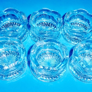 SALT CELLARS DIPS Set of Six 6 Sided Open Vintage Clear Pressed Glass Scalloped Tulip Rim Edge Formal Dining Dishes Boxes Pigs Hexagon