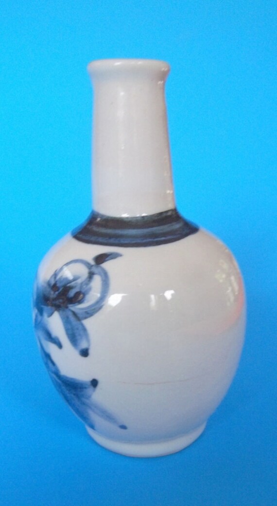 Antique Blue White Asian Vase Floral Butterfly Flow Blue Gray Engraved Characters Glazed Porcelain Ceramic Chinese Japanese Korean Pottery
