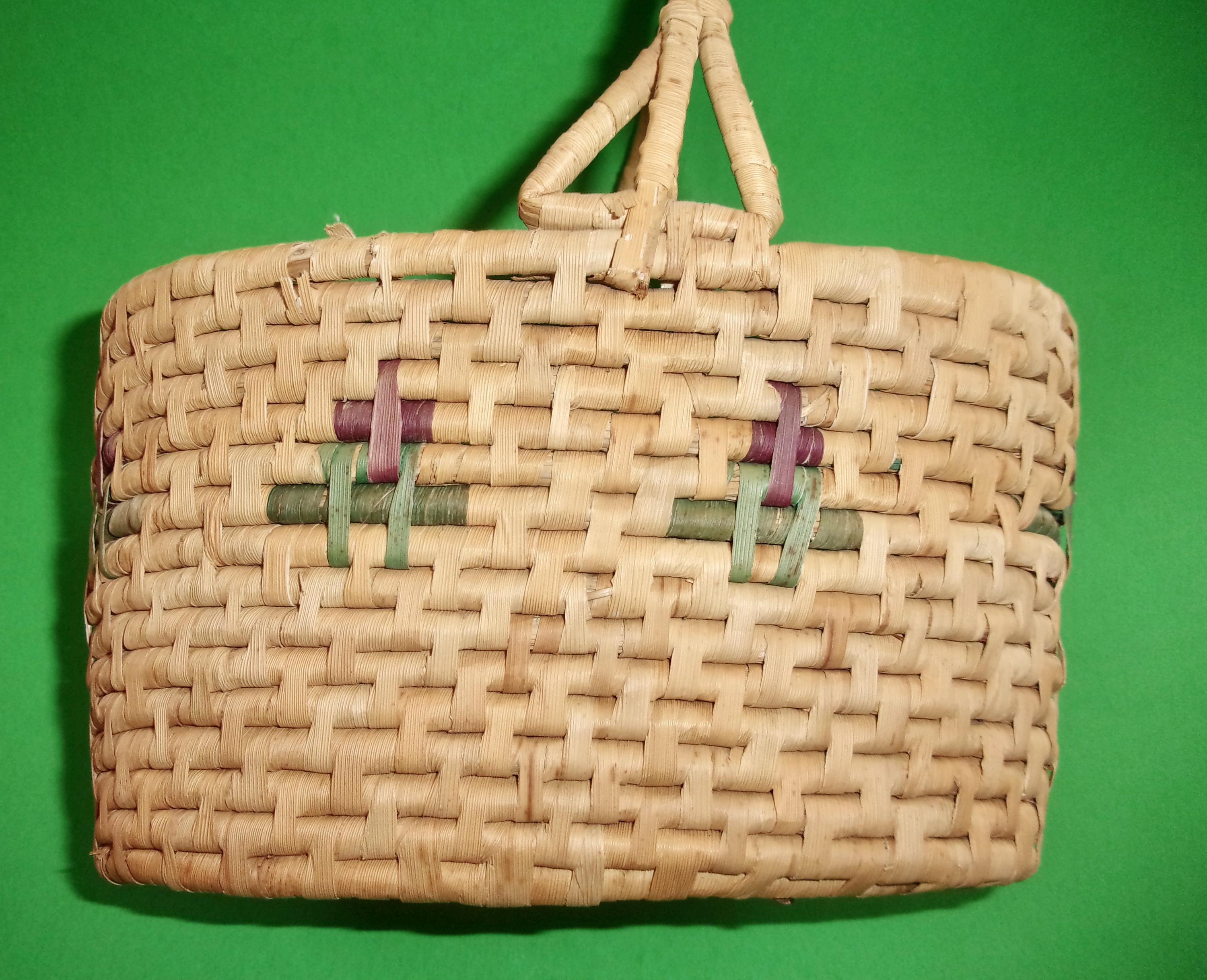 MEXICAN PALM BASKET Vintage Hand Woven Coiled Handle Rustic Farmhouse ...