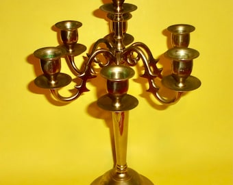 BRASS CANDELABRA VINTAGE Seven Candle Cup Six Arm Tall Solid Screw On Base Arms Cups Heavyweight Non Magnetic Drip Pans Scrolled Base Light