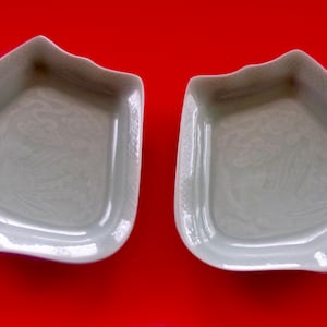 CELADON PHOENIX DISHES Pair Clouds Dishes Bowls Vintage Set Two Longquan Chinese Embossed Relief Design Mid Century Bird In Flight Stoneware