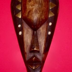 GHANA CARVED MASK Vintage Wood Inlaid Brass Bone African Woodwork Ghanaian Art Africa Handcrafted Hanging Tribal Animal Ancestor Spirits