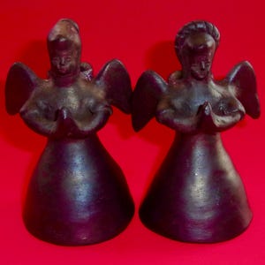 OAXACA ANGEL CANDLESTICKS Pair Praying Angels Candleholders Bell Shaped Skirts Black Clay Mexico Set Vintage Mexican Folk Art Barro Negro