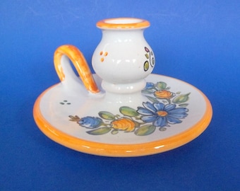 TALAVERA CHAMBERSTICK HOLDER Candle Handle Spain Mexico Ceramic Blue Green Gold Floral White Colorful Vintage Signed Pottery Vintage Antique