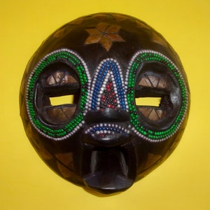 GHANA AFRICAN MASK Vintage Carved Wood Glass Color Bead Inlay Brass Metalwork Open Mouth Handcrafted Art Ceremonial Ashanti Africa Ghanaian