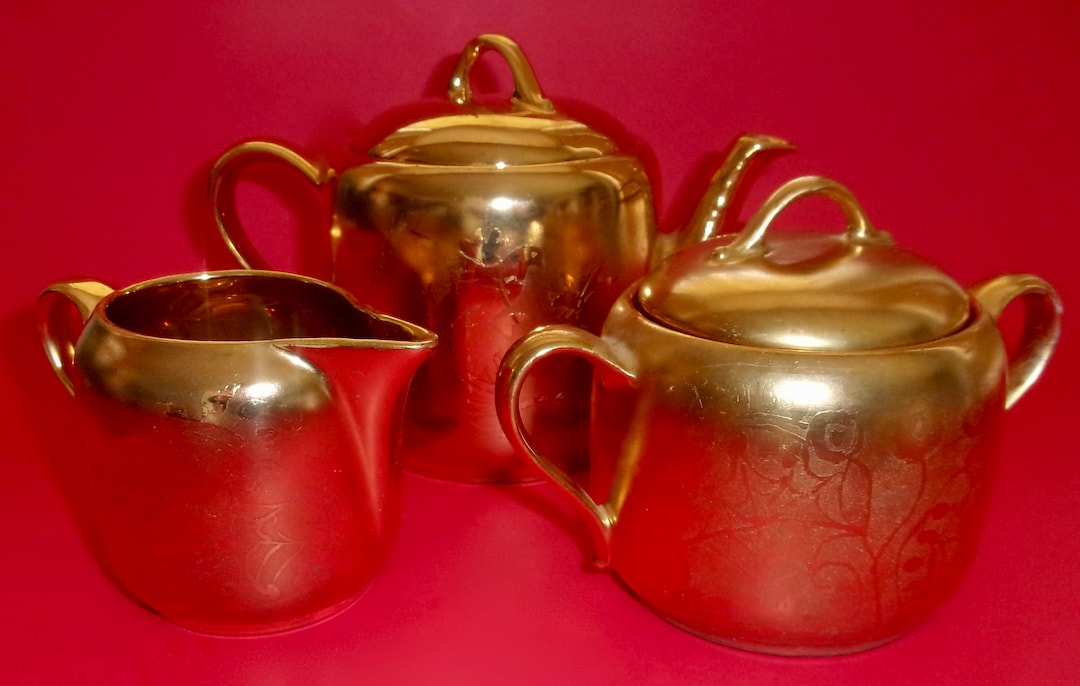 GOLD ENCRUSTED TEA Set Porcelain Teapot Sugar Creamer Interior Exterior ...