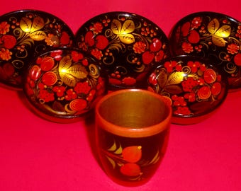 LOT LAQUE DE KHOKHLOMA bols petite grande tasse fleurs baies fraises groseilles rouge noir or feuilles fait main Russie des années 1980-1990 Hohloma