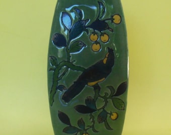 BAUM BROS. VASE Pear Tree Bird Formalities 3-Sided Angles Green Yellow Bird Ceramic Pottery Crackleware Floral Glazed Matte Design Vintage