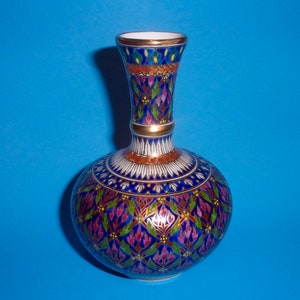 Thai Porcelain Vase Painted Vintage Asian Gilt Design Unmarked Small Traditional Thailand Ceramic Bone China Five Colors Geometric Floral
