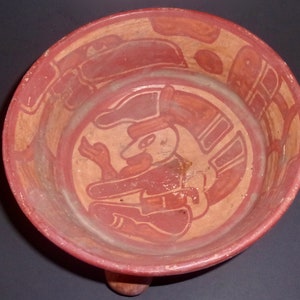 POLYCHROME POTTERY BOWL Vintage God Priest Shaman Eagle Mayan Reproduction Three Legs Tripod Polychrome South American Rattle Honduras Clay