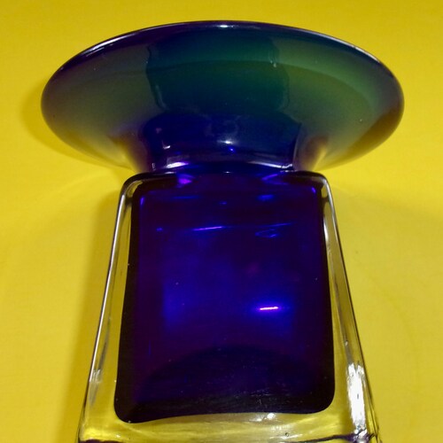 ENCASED COBALT VASE Hand Blown Vintage Antique Square Body Round shops Wide Rim Pontil Bubbles Heavyweight Clear Blue Glass Art 4 Sided Round Rim