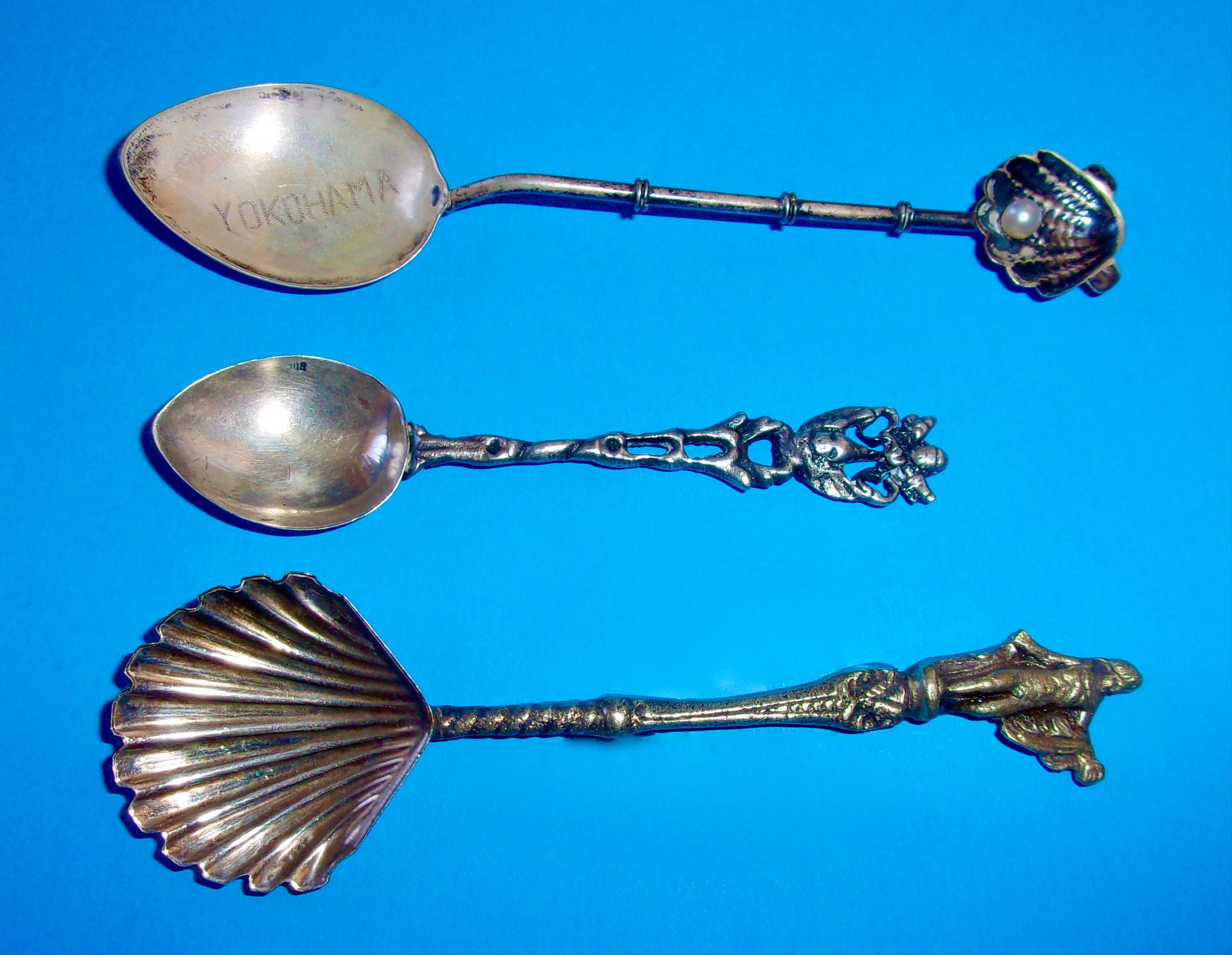 ANTIQUE STERLING SPOONS Yokohama Japan Mexico Italy Aztec