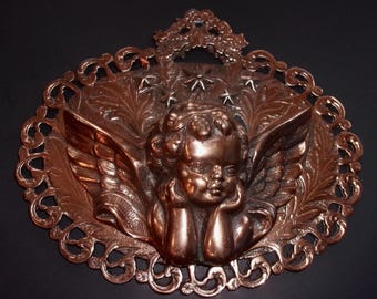COPPER CHERUB RELIEF Wall Hanging Vintage Antique Letter Napkins Floral Scrolls Shabby Chic French Bohemian Victorian Metal Decor Angel.