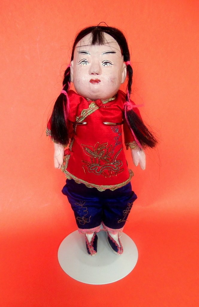 ANTIQUE CHINESE DOLL Paper Mache Head Hands Legs Painted Eyes Lips