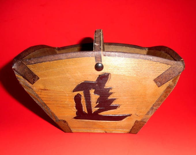 ANTIQUE RICE BASKET Bucket Wood Asian Carved Black Characters Etsy