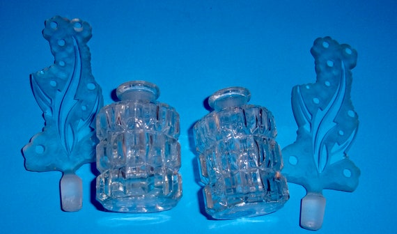 CZECHOSLOVAKIA PERFUME BOTTLES Lot Two 2 Tall Floral Motif Stoppers Clear Frosted Iris Import Dauber Stop Cut Glass Crystal Made In View 4