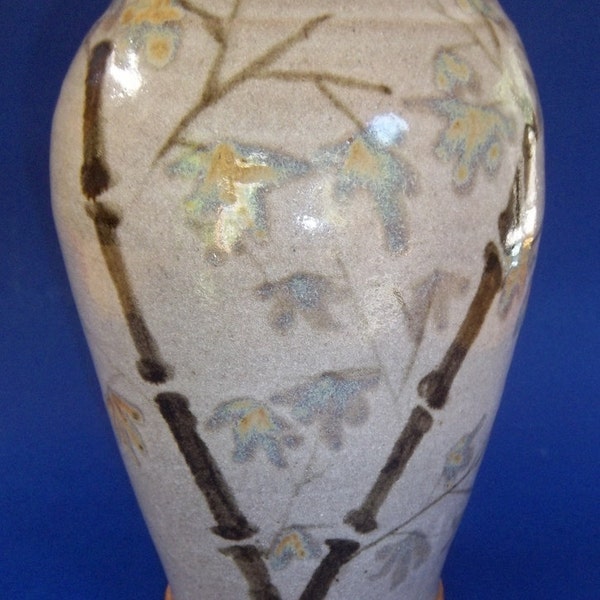 POTTERY BAMBOO VASE Vintage Clay Tall Leaves Gray Signed Engraved A Arrow Star Mark Glazed Asian Chinese Japanese Design Urn Shaped Heavy