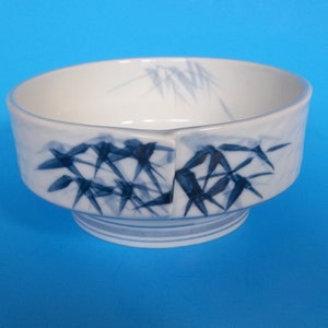 BLUE BAMBOO BOWL Japanese Vintage Signed Sheet Clay Fold Crease Slanted Stoneware Japan Rice Soup Serving Ceramic Pottery Glazed Dish