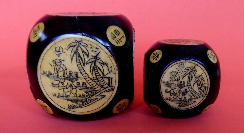 Pair ANTIQUE CHINESE DICE Large Dark Hardwood Mahogany Etched | Etsy