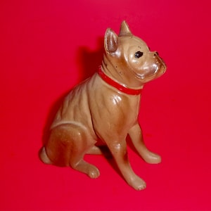 CAST IRON BOXER Bank Penny Vintage Coin Dog Bank Brown Red Studded Collar Sitting Paperweight Canine Painted Flat Head Screw Heavy Metal