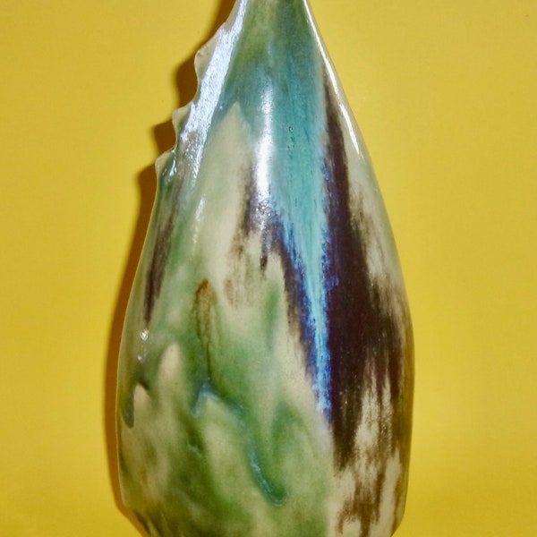 POTTERY BUD VASE Studio Art Object Bud Vintage Drip Glaze Spine Blue Turquoise Green Brown Signed Tall Heavyweight Ceramic Contemporary