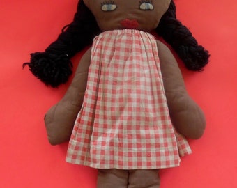 RAG DOLL VINTAGE Dark Skin Cloth Vintage Pigtails Blue Eyes Red Mouth Eyebrows Stitched Mary Jane Shoes Red White Plaid Dress Socks Stuffed