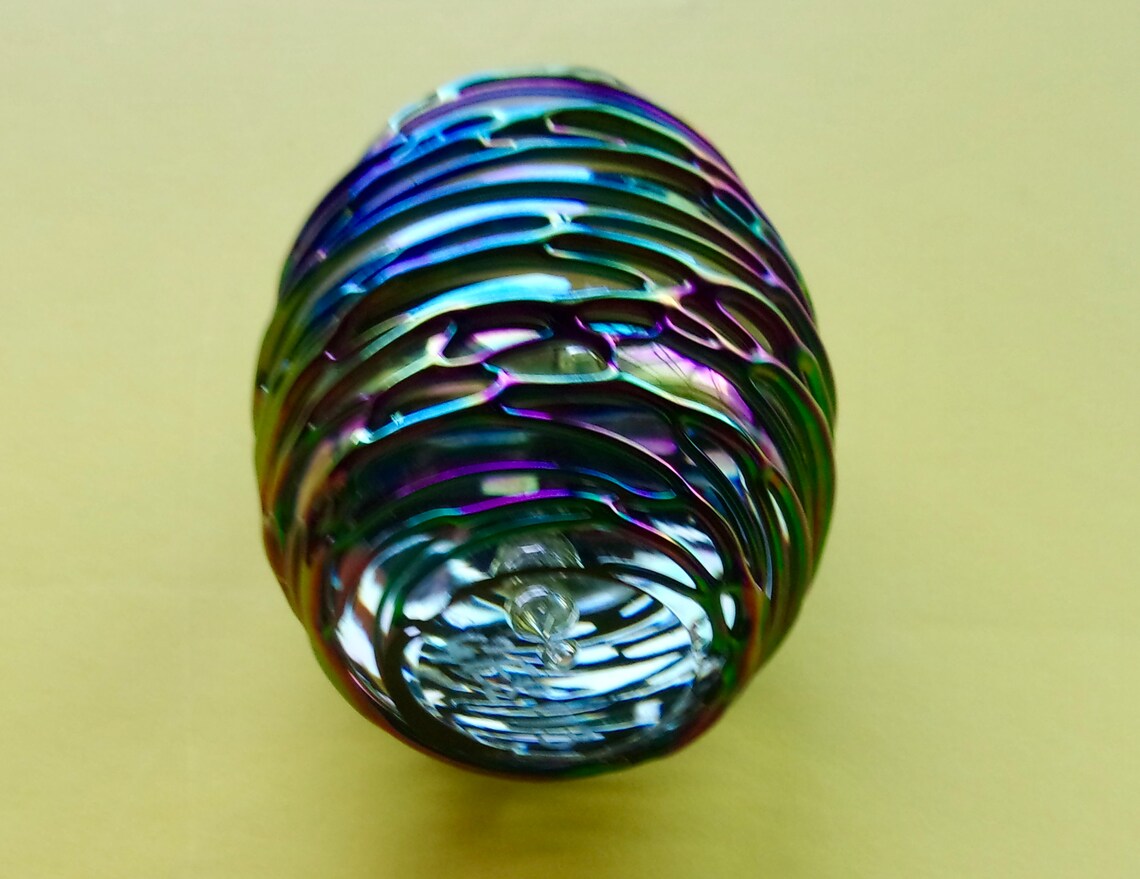 GES GLASS EGG 1993 Hand Blown Iridescent Exterior Threaded Etsy