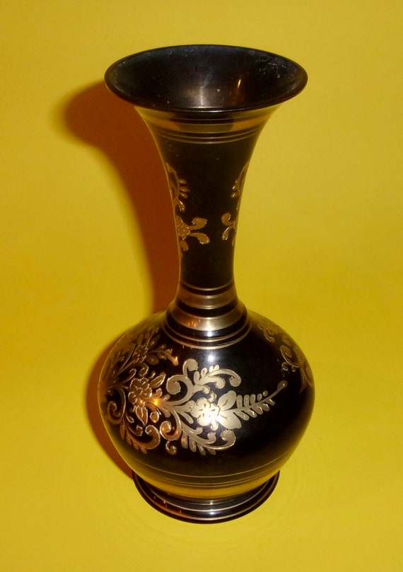 BRASS VASE INDIA Black Lacquered Metal Etched Floral Scroll Design