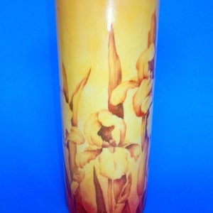 IRIS ART VASE Yellow Gold Colored Porcelain Gilded Earth Tones Helen Wisher 3-1990 Signed Cylinder Shaped Hand Painted Vintage Floral Irises
