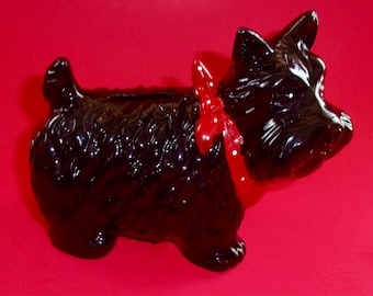 VINTAGE SCOTTIE BANK Ceramic Dog Piggy Bank Red Polk Dot Bow Coin Bills