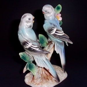 PARAKEETS FIGURINE On BRANCH Pair Blue Flowering Leaves Dogwood Numbered on Bottom 33/61 Vintage Matte Ceramic Budgies Delicate Budgerigar