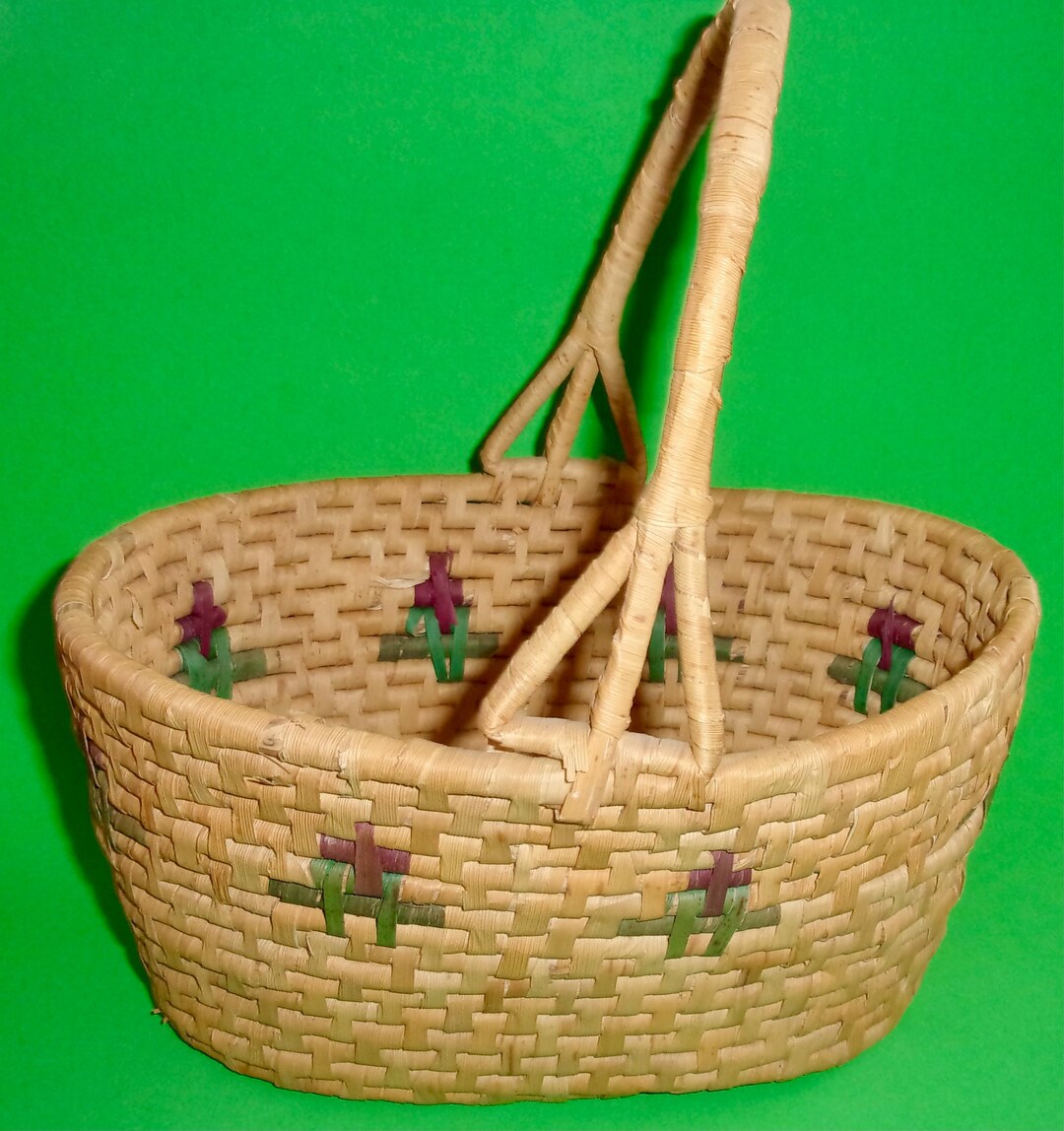 MEXICAN PALM BASKET Vintage Hand Woven Coiled Handle Rustic Farmhouse ...